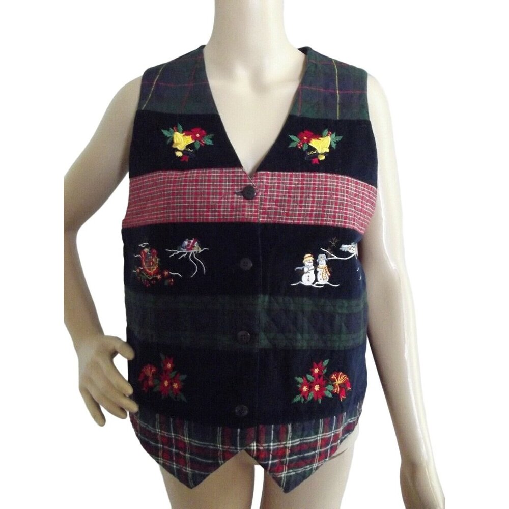Casey & Max Medium Blue Red Plaid Floral Patchwork Christmas Vest m snowman